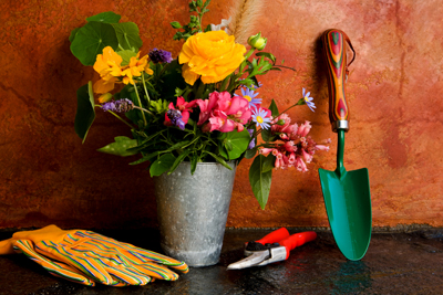 Flowers and gardening tools; photo courtesy Ella Andrews